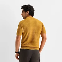 Stafford Textured Mens Short Sleeve Button Polo Sweater