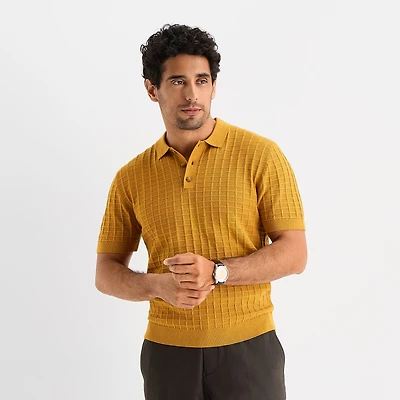 Stafford Textured Mens Short Sleeve Button Polo Sweater