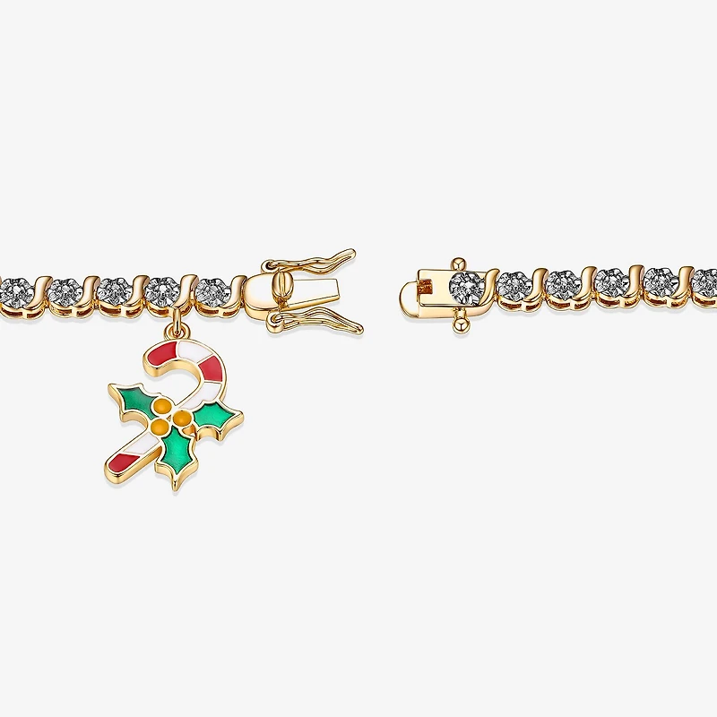 Sparkle Allure Candy Cane Charm Womens Natural White Diamond Accent 14K Gold Over Brass 7.25 Inch Tennis Bracelet