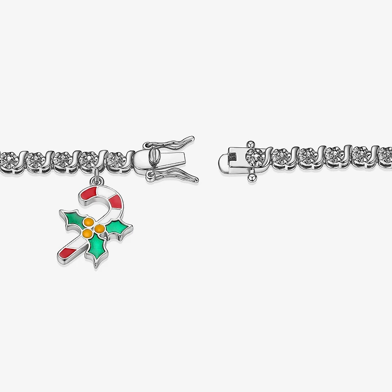 Sparkle Allure Candy Cane Charm Womens Natural White Diamond Accent Pure Silver Over Brass 7.25 Inch Tennis Bracelet