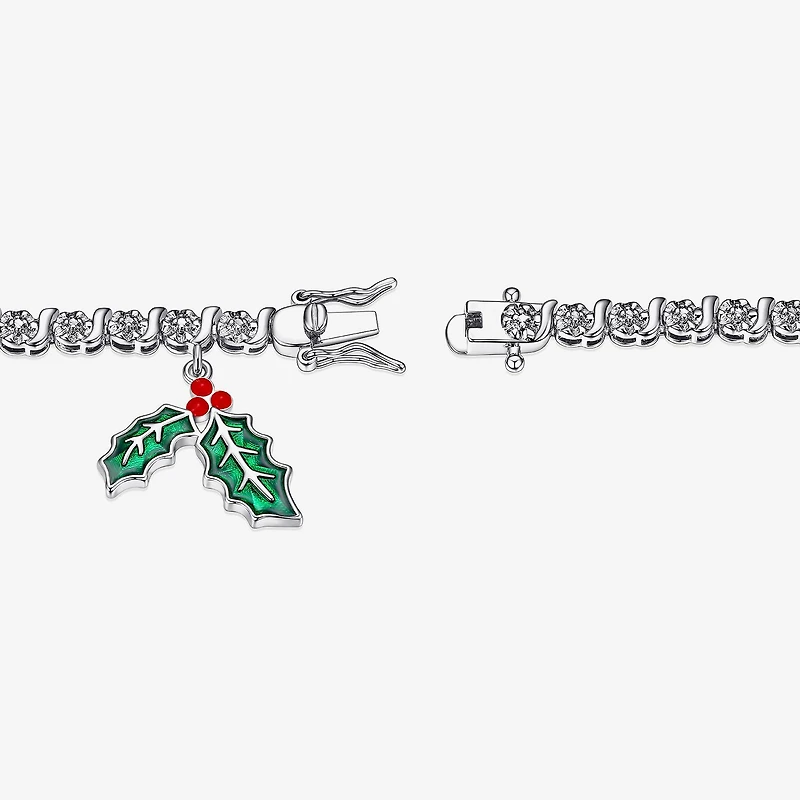 Sparkle Allure Mistletoe Charm Womens Natural White Diamond Accent Pure Silver Over Brass 7.25 Inch Tennis Bracelet