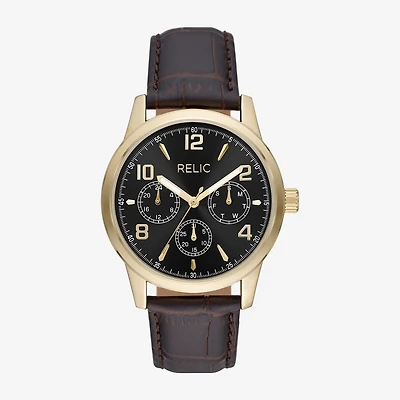 Relic By Fossil Rutherford Mens Multi-Function Brown Leather Strap Watch Zr15975