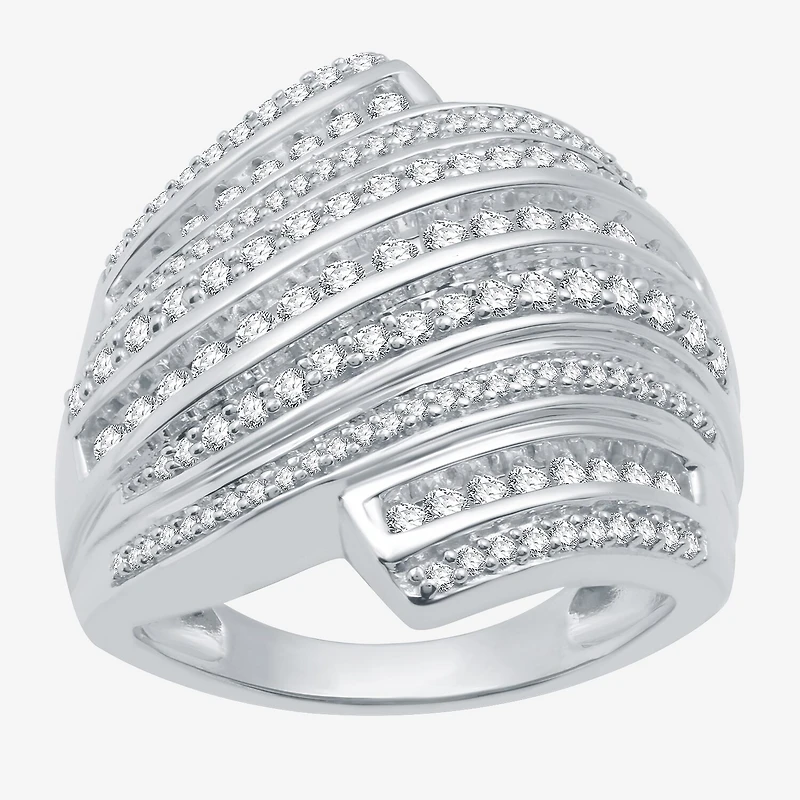 Womens 1 CT. T.W. Natural Diamond Sterling Silver Bypass Cocktail Ring