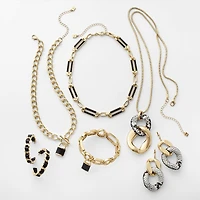 Worthington Gold Tone & Black Leather Link Womens 17 Inch Collar Necklace