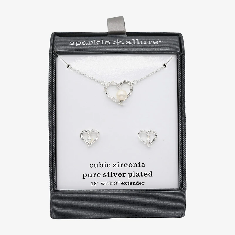Sparkle Allure Womens Cubic Zirconia Simulated Pearl Pure Silver Over Brass Heart 2-pc. Jewelry Set
