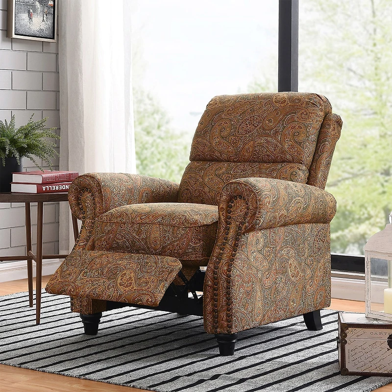 ProLounger Anna Traditional Roll-Arm Push Back Recliner in Multi-Burgundy Paisley with Nailheads