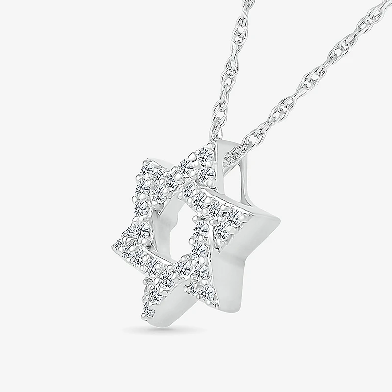 Star Of David Womens 1/6 CT. T.W. Natural White Diamond 14K Gold Star 18 Inch Pendant Necklace