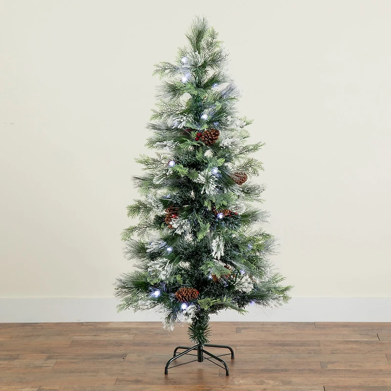 Nearly Natural Fiber Optic Faux 5 Foot Pre-Lit Flocked Pine Christmas Tree