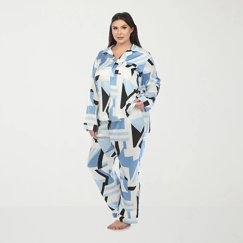 White Mark Womens Satin Long Sleeve 2-pc. Plus Pajama Set