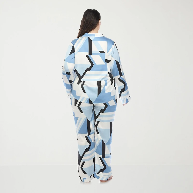 White Mark Womens Satin Long Sleeve 2-pc. Plus Pajama Set