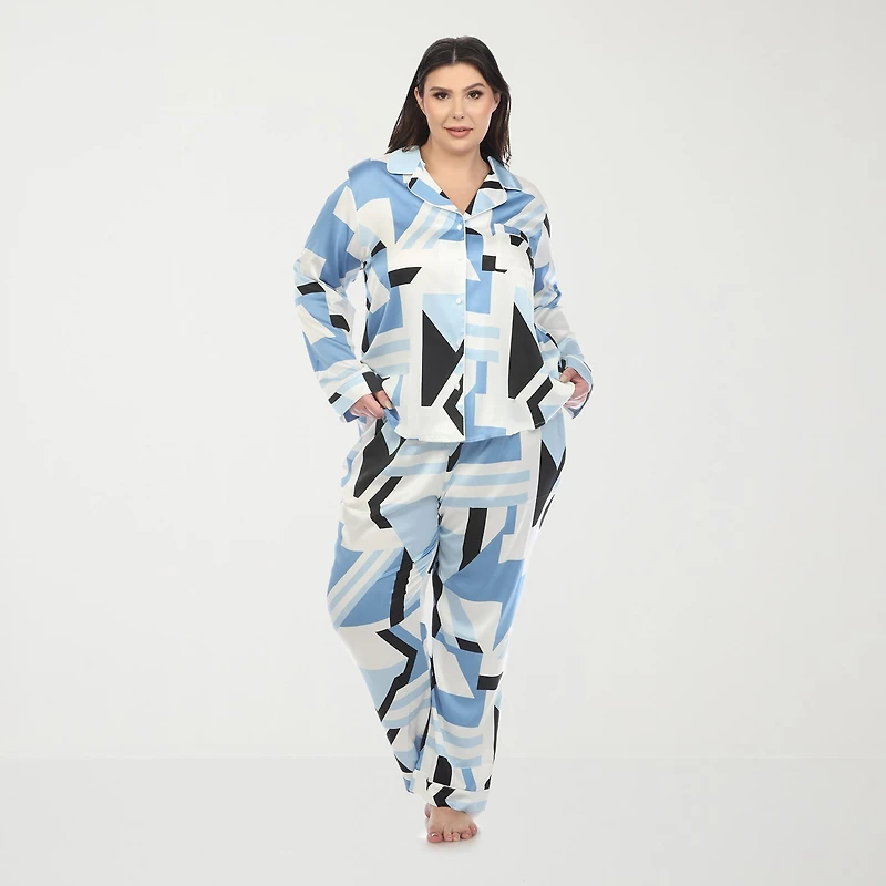 White Mark Womens Satin Long Sleeve 2-pc. Plus Pajama Set