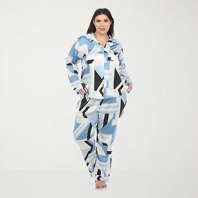White Mark Womens Satin Long Sleeve 2-pc. Plus Pajama Set