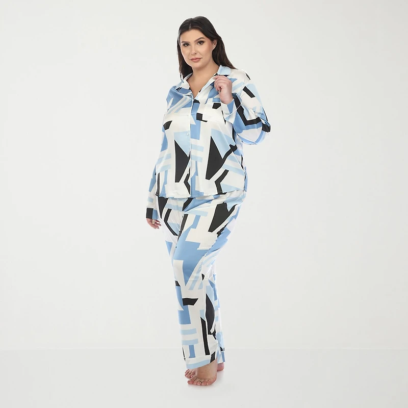 White Mark Womens Satin Long Sleeve 2-pc. Plus Pajama Set