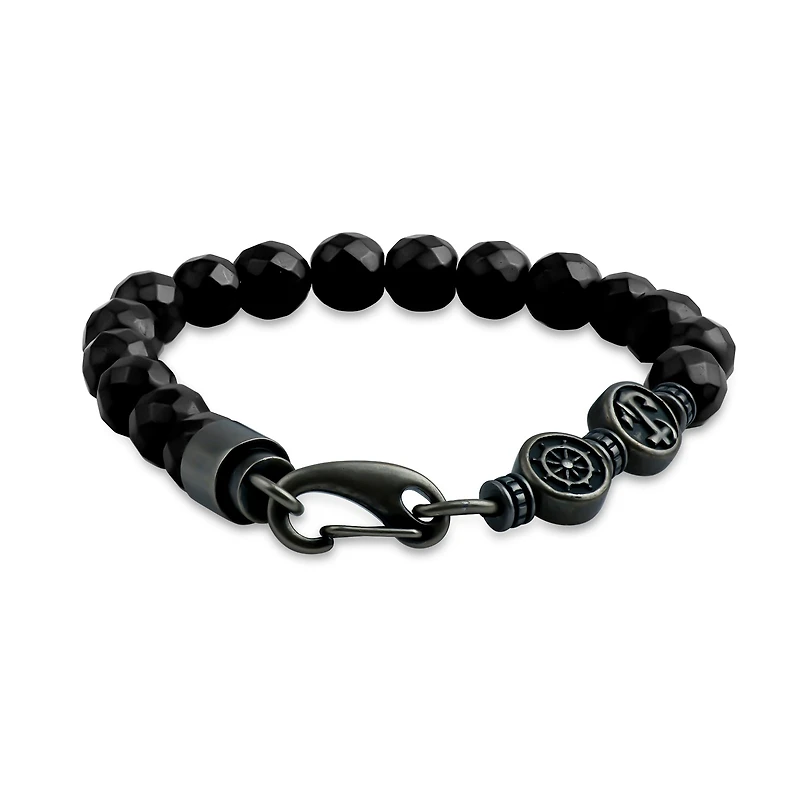Mens Genuine Gray Hematite Stainless Steel Beaded Bracelet