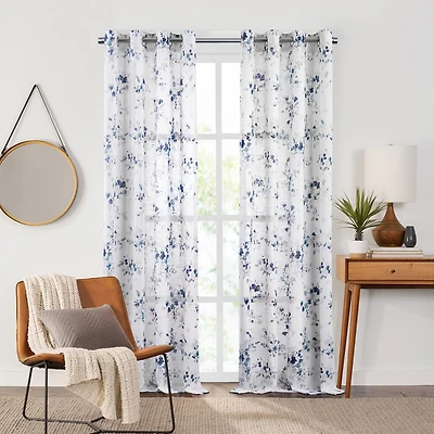 Fieldcrest Arden Watercolor Bouquet Cotton Grommet Top Sheer Single Curtain Panel