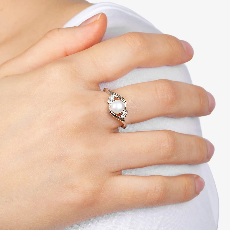 Silver Treasures Cultured Freshwater Pearl Womens White Cubic Zirconia Sterling Delicate Bypass Promise Ring