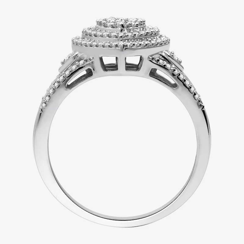 Womens 1/2 CT. T.W. Lab Grown White Diamond Sterling Silver Heart Halo Side Stone Cocktail Ring