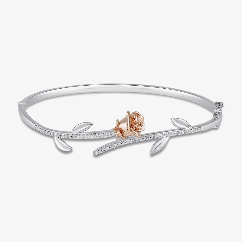 Womens 1/4 CT. T.W. Natural White Diamond 14K Rose Gold Over Silver Sterling Silver Flower Beauty and the Beast Belle Princess Bangle Bracelet