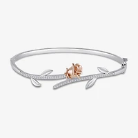Womens 1/4 CT. T.W. Natural White Diamond 14K Rose Gold Over Silver Sterling Silver Flower Beauty and the Beast Belle Princess Bangle Bracelet