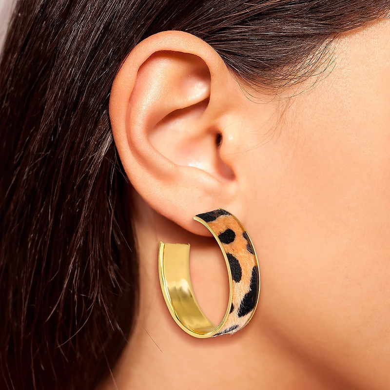JS Jessica Simpson Gold Tone Leopard Print Womens 50.6mm Hoop Earrings