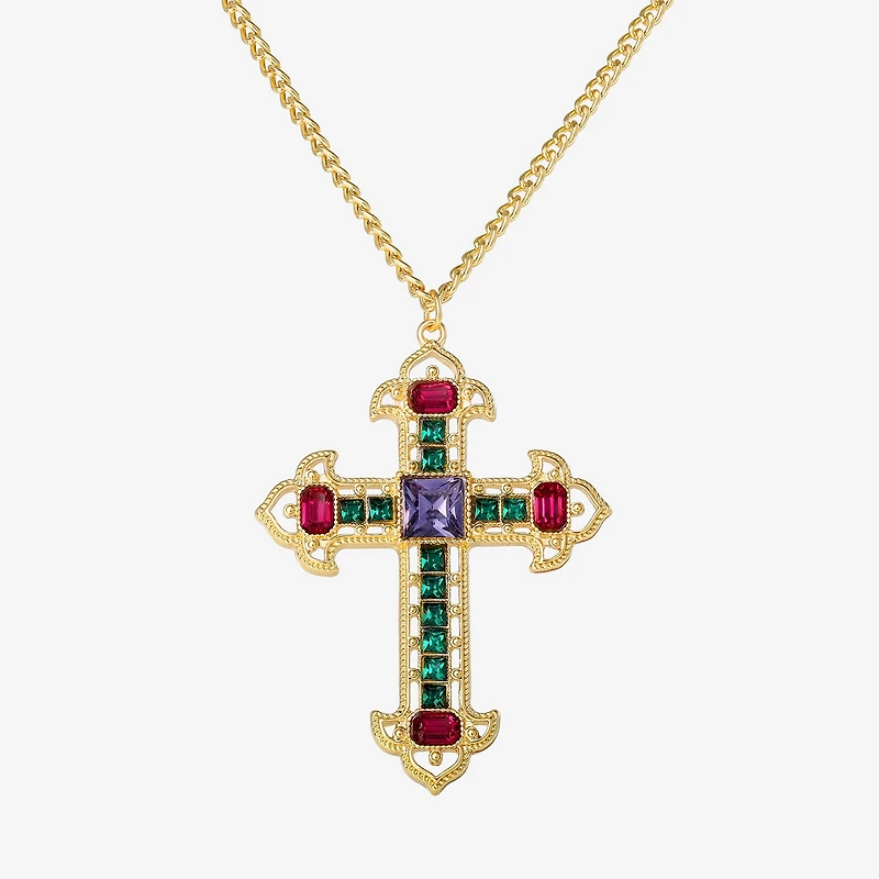 JS Jessica Simpson Gold Tone Womens Multi Color Glass Alloy Cross 23 Inch Pendant Necklace
