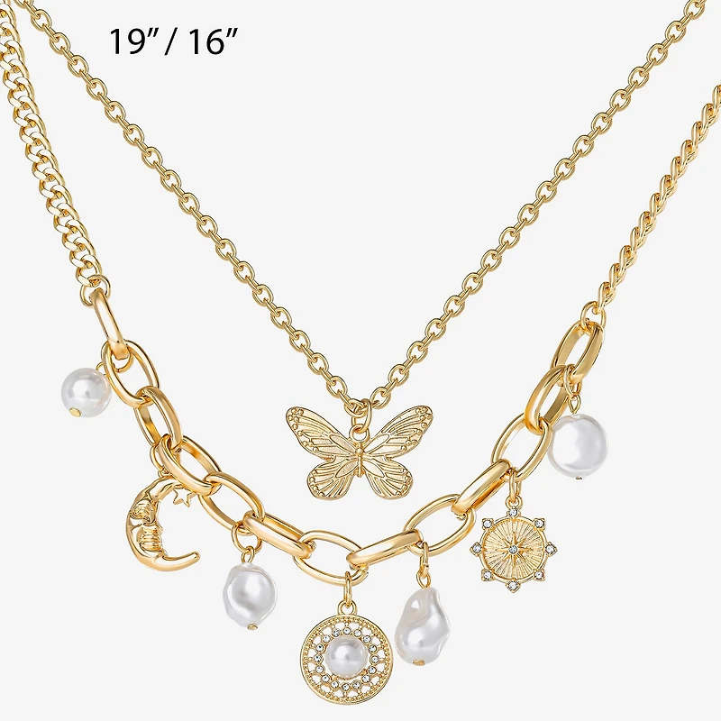 JS Jessica Simpson Gold Tone Charm & Pendant Womens Glass Butterfly Moon Star 2-pc. Necklace Set