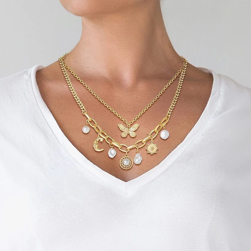 JS Jessica Simpson Gold Tone Charm & Pendant Womens Glass Butterfly Moon Star 2-pc. Necklace Set