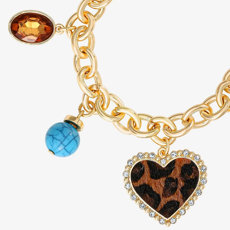 JS Jessica Simpson Gold Tone Leopard Print Womens Multi Color Glass Butterfly Heart Charm Bracelet