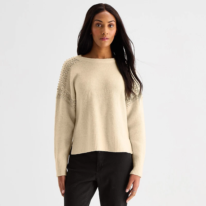 a.n.a Womens Crew Neck Embellished Long Sleeve Pullover Sweater