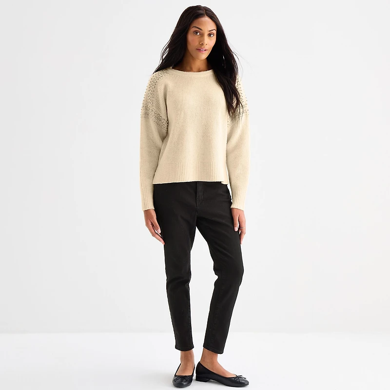 a.n.a Womens Crew Neck Embellished Long Sleeve Pullover Sweater