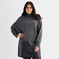 a.n.a Plus Womens Mock Neck Embellished Long Sleeve Pullover Sweater