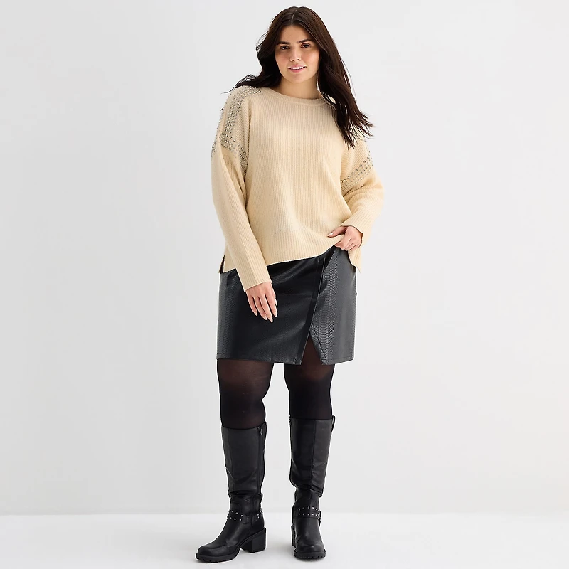 a.n.a Womens Plus Crew Neck Embellished Long Sleeve Pullover Sweater