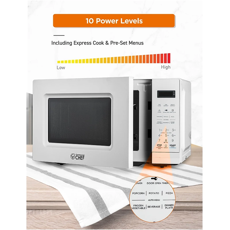 COMMERCIAL CHEF 0.7 Cu. Ft. Countertop Microwave with Digital Display White Microwave with 10 Power Levels