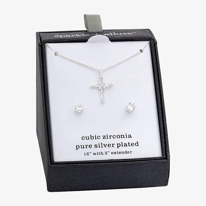 Sparkle Allure Womens Cubic Zirconia Pure Silver Over Brass Cross 2-pc. Jewelry Set