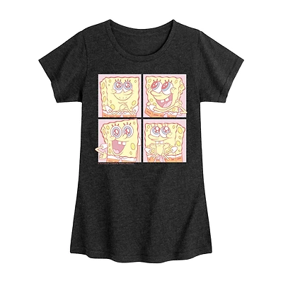 Cute Face Grid Big Kid Girls Crew Neck Short Sleeve Classic Fit Spongebob Graphic T-Shirt