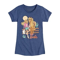 Desert Cowgirl Big Kid Girls Crew Neck Short Sleeve Classic Fit Barbie Graphic T-Shirt