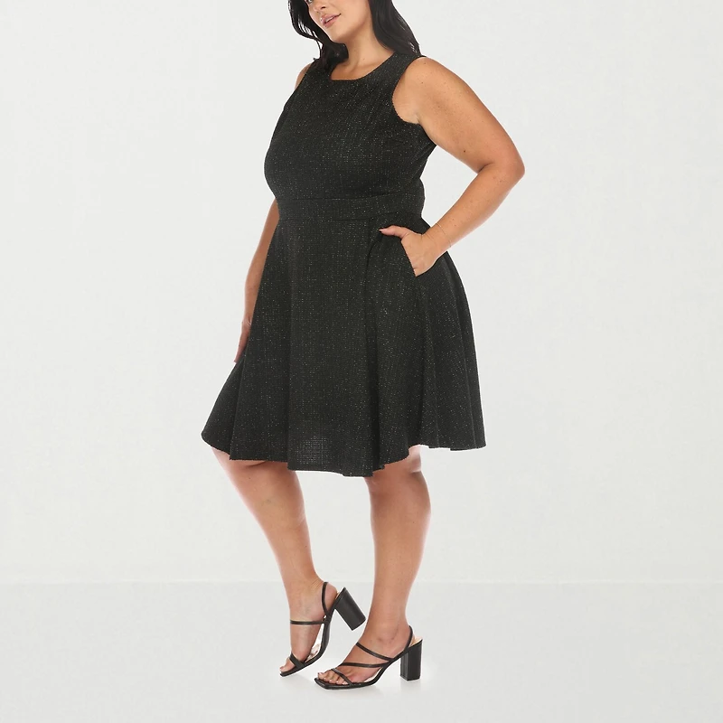 White Mark Womens Plus Round Neck Sleeveless Fit + Flare Dress
