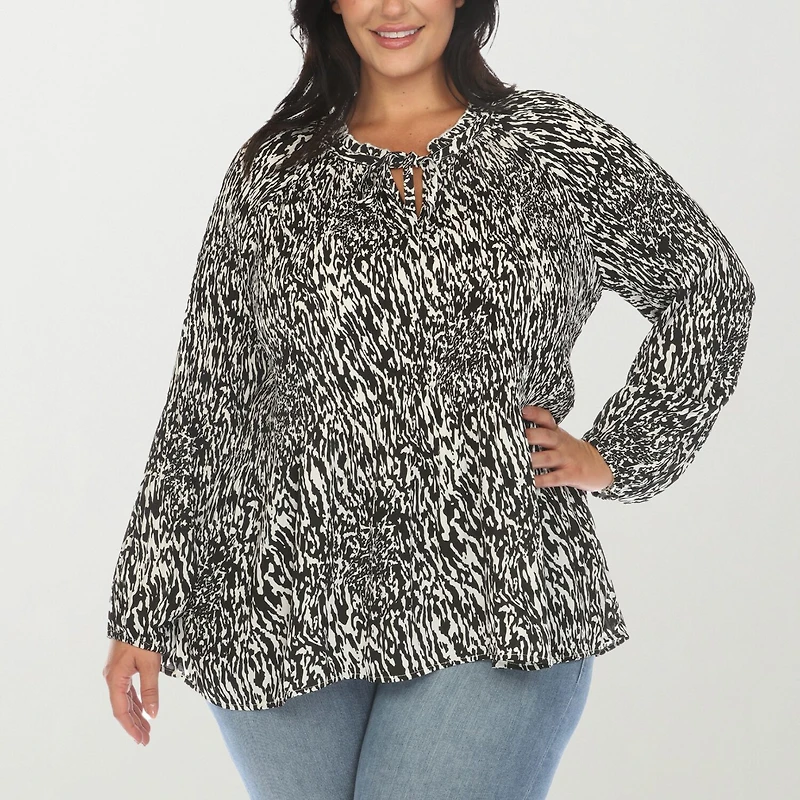 White Mark Womens Plus Split Tie Neck Long Sleeve Blouse