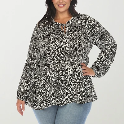 White Mark Womens Plus Split Tie Neck Long Sleeve Blouse