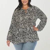 White Mark Womens Plus Split Tie Neck Long Sleeve Blouse