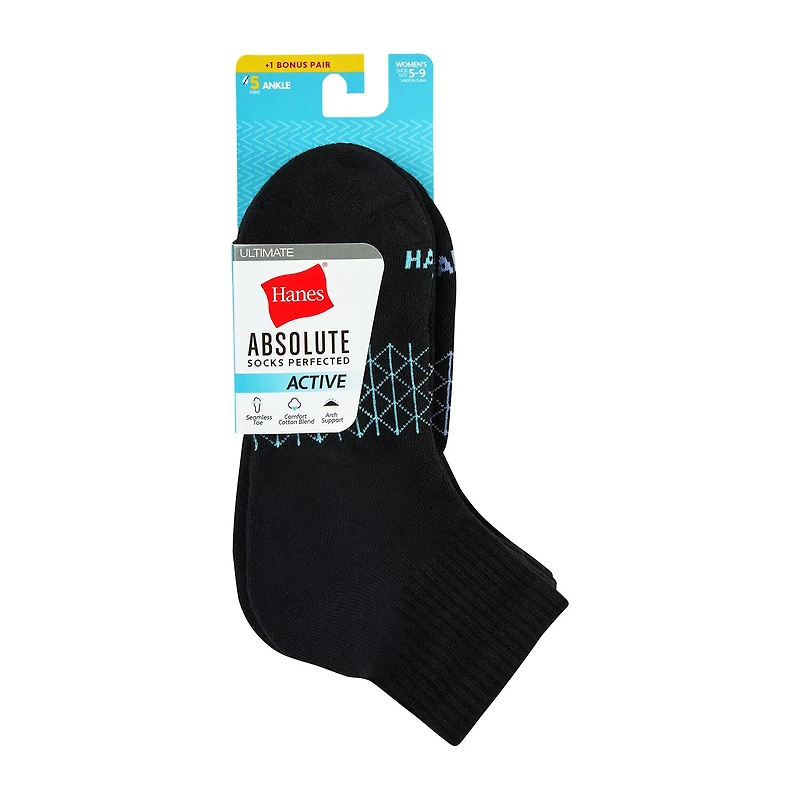 Hanes Absolute Active Heel Tab Womens Breathable 5 Pair Quarter Ankle Socks