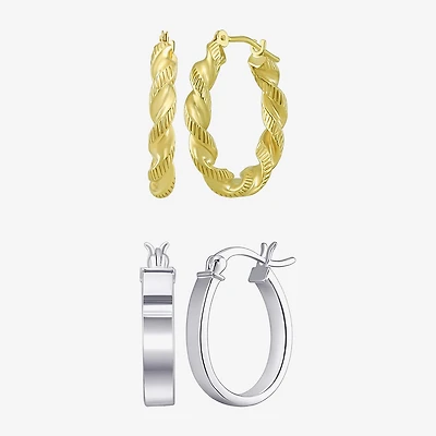 Womens 10K Gold Sterling Silver Oval Round 2 Pair Earring Set
