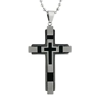 Mens Stainless Steel & Black IP Cross Pendant