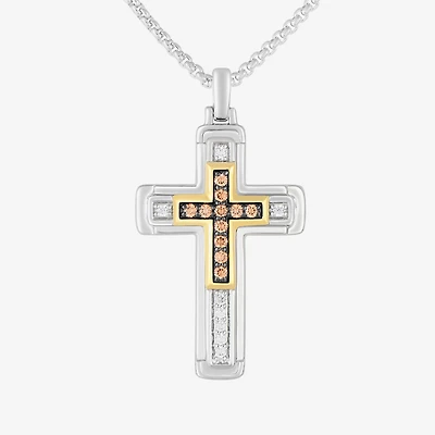 Mens 1/3 CT. T.W. Natural White Diamond 14K Gold Over Silver Sterling Silver Cross 22 Inch Pendant Necklace