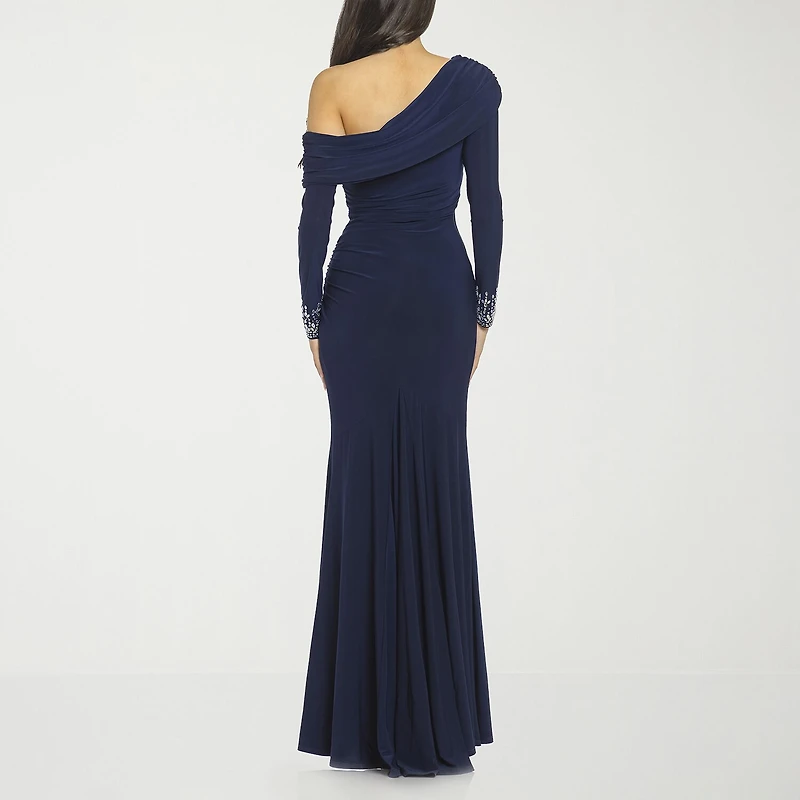 Premier Amour Womens Asymmetrical Neck Long Sleeve Off the Shoulder Embellished Evening Gown