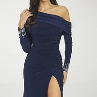 Premier Amour Womens Asymmetrical Neck Long Sleeve Off the Shoulder Embellished Evening Gown