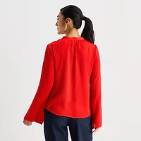 Worthington Womens Split Crew Neck Long Sleeve Satin Blouse