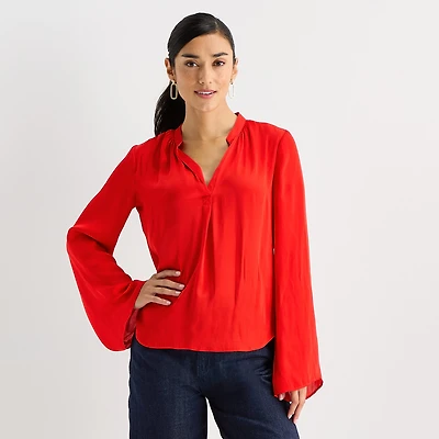 Worthington Womens Split Crew Neck Long Sleeve Satin Blouse