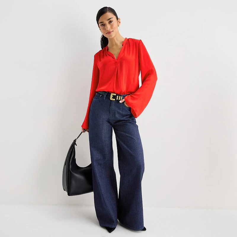 Worthington Womens Split Crew Neck Long Sleeve Satin Blouse