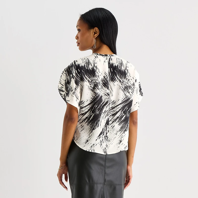 Worthington Womens Crew Neck Short Sleeve Satin Blouse